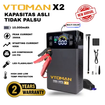VTOMAN X2 Jump Start & Pompa 10.000 mAh | 37Wh Pompa Angin 160Psi Jump Starter Aki Powerbank Portable Jumper Aki Mobil