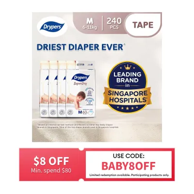 Drypers SuperDry Premium Tape Baby Diaper M 60s x 4 (6-11kg) - Case