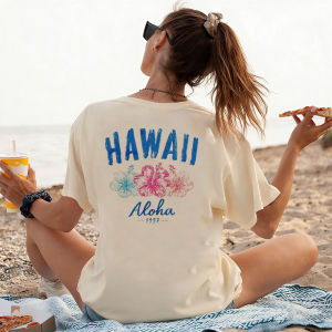 [Local Stock] HBESTY  Vintage Hawaii Aloha Hibiscus Floral Boxy Tee Island Resort Trip Outfit Skin Friendly Cotton Top Beach Lover Souvenir Gift