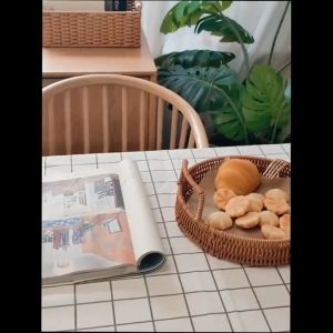 AMKado Wicker Rattan Serving Basket Tray With Handle Storage Coffee Table Organizer Fruit Bread Snack Basket Home Deco Portable Durable Hand Woven Round Rectangular Dulang Rotan Suitable For Kitchen Cafe Hotel 藤篮