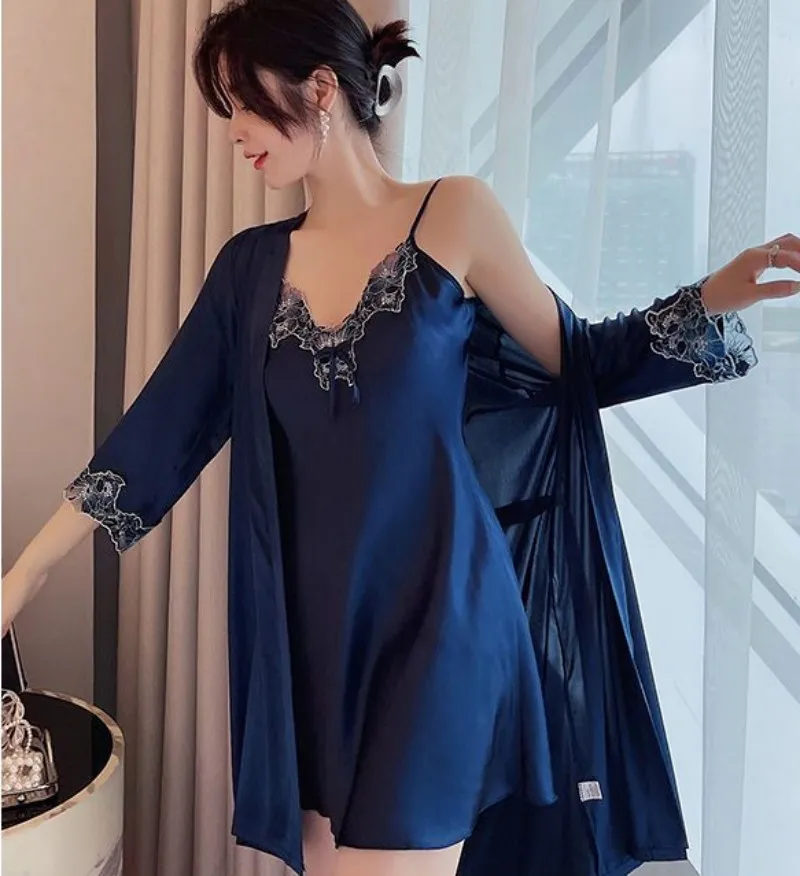 V neck Women Silk Nightgown with lace short sleeves silk sleepwear