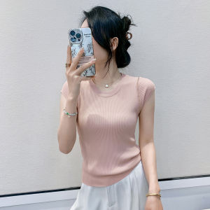 Yimei 2025 Mùa Xuân/cổ tròn mùa hè móng tay hạt Áo thun tay ngắn cho phụ nữ thời trang co giãn ôm gọn len áo len áo hồng xu hướng