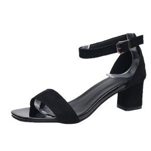 [Free Shipping] Chunky Heel Strap Sandals for Women 2025 New Summer Casual Versatile Black Suede High Heel Chunky Heel Sandals