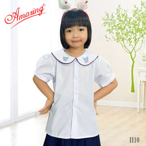 Áo trắng học sinh nữ tiểu học cổ lá sen thêu nhiều mẫu rất xinh tay bồng vải KT silk mềm mượt mát