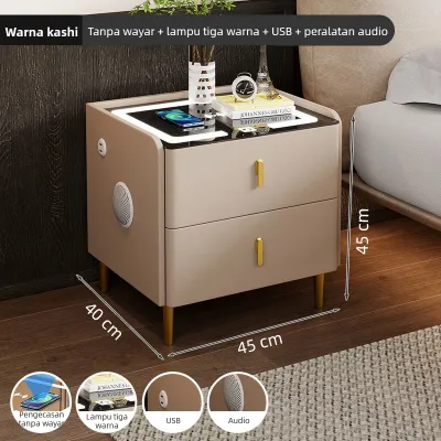 AIHUISEN | Smart Bedside Cabinet 3 Color LED Wireless Charging Bluetooth Speaker Gold Leg 45cm | Local MY Stock