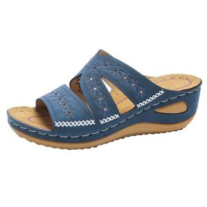 [Free Shipping] Summer WomenS Wedge-Heeled Stitched Sandals With Open Toe Thick Sole Hollow Design Large Size Embroidered Slip-On Sandals