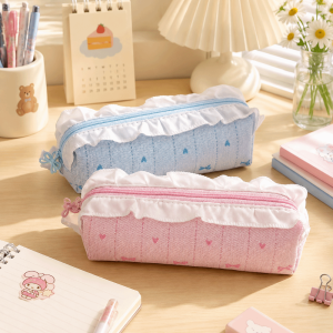 PURETEN Ruffle Lace Pencil Case Large Capacity Bow Embroidery Pen Bag Korean Style Ballet Pencil Pouch Gift