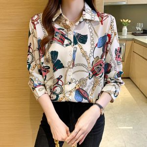 Tianshun Korean Fashion Element Summer Chiffon Top OL Work Dress Casual Shirt Womens Long Sleeve Chain Printed Shirt