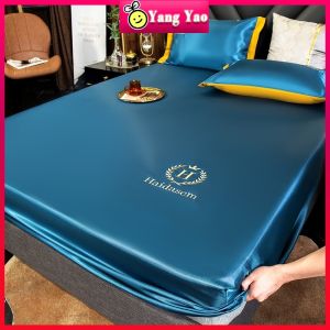 Satin Silk Cadar Solid Color Pure Blue Pink Fitted Sheet Embroidered Ice Silk Bed Sheet Mattress Cover with Rubber Single/Full/Queen/King Size Bedsheet Cover