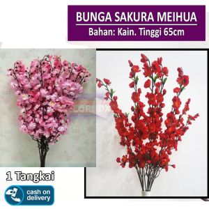 MR Bunga Sakura Meihua 1 Tangkai Bahan Kain Bunga Sakura Imlek Mei Hua  Bunga Sakura Hias Artificial - Pink / Red