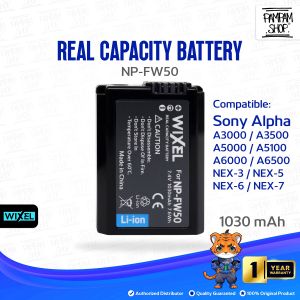 WIXEL Baterai Kamera NP-FW50 for Sony Alpha A3000 A3500 A5000 A5100 A6000 A6300 A6500 NEX-3 NEX-3N NEX-C3 NEX-5 NEX-5N NEX-5R NEX-5T NEX-6 NEX-7 NEX-F3 Real Capacity Batre Batrai Camera Battery Dual Double Power NPFW50