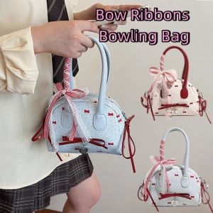 DYJKOUG French Style Bow Ribbons Bowling Bag Elegant Lace Ribbon Women Handbags Fashion Casual Boston Shoulder Bag Women