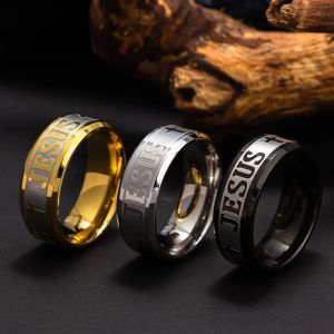 Stainless Steel Black Gold Silver Color Retro Jesus Cross Letter Bible Prayer Finger Rings for Men 8mm Amulet Minimalist Jewelry