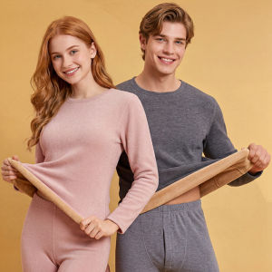 Camel fleece piled and thickened thermal underwear suit for women in winter wearing cold-proof mens round neck thermal underwear suit