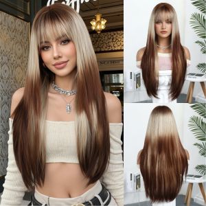 ZENDO12 Fashion Long Straight Wig with Bangs Natural Heat Resistant Synthetic Fiber Wig Sweet Fluffy High Layered Black Wigs for Women