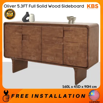 (SIAP PASANG) KBS Oliver 5.3FT Full Solid Wood Sideboard Cabinet / 4-Doors 2-Drawers Storage / Mid Century Modrn / 160L x 45D x 90H cm