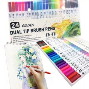 24/48 PCS Colorful Pens Dual Tip Brush Marker Pen Watercolor Fine Liner Art Markers For Coloring Drawing Painting Calligraphypen