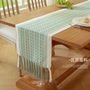 Nordic table flag cotton and linen jacquard table runner green geometric fabric thickened handmade tassel tablecloth chest TV cabinet long towel