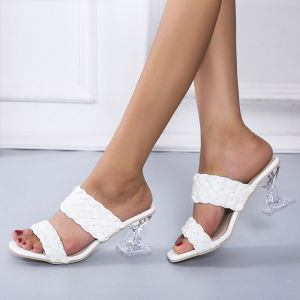 [Free Shipping] Summer Square-Toe Woven Sandals For Women Transparent Uniquely Shaped Chunky-Heeled High-Heeled Sandals For Outdoor Wear Plus-Size WomenS Shoes