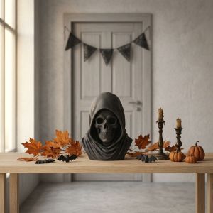 Tượng bán thân trang trí Halloween áo choàng đầu lâu Thần Chết có mũ trùm 3D Bán sỉ đồ trang trí bàn làm việc phong cách Gothic in ấn
