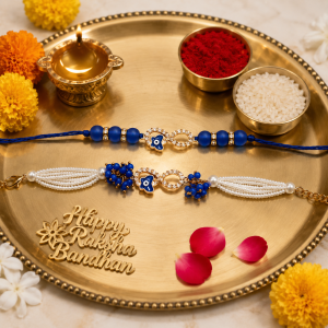 Blue Butterfly Bhaiya Bhabhi Rakhi Set | Handmade Designer Raksha Bandhan Bracelet with Pearl Beads | Rakhi Gift for Brother & Bhabhi (Pack of 2)