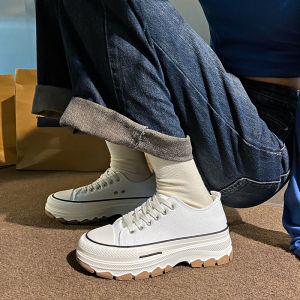 💖AngelCityes💖รองเท้าผ้าใบส้นหนาผู้หญิง สไตล์คลาสสิก วัสดุผ้าใบระบายอากาศ ส้นรองเท้าสูง 4 ซม. รองเท้านักเรียน จัดส่งจากประเทศไทย