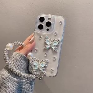 Ốp điện thoại 3D kim cương bướm ngọc trai sáng bóng cho iPhone 16 15 14Pro 13 12 11Promax bảo vệ toàn diện