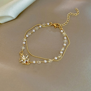 Rhinestone Zircon Pearl Double Flower Bracelet Girls Birthday Holiday Gift Hand Jewelry for Women