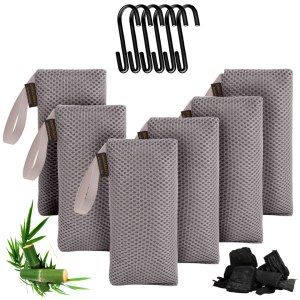 Premium Bamboo Charcoal Air Purifying Bags | Reusable Odor & Moisture Absorber with S Hooks for Home Car & Closet
