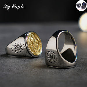 Ly eagle Ultra High Quality Non Fading Pure Titanium steel ST. Benedict medal Portrait Detail Ring CSPB at back Saint Benedict ring （Gift LED ring box）