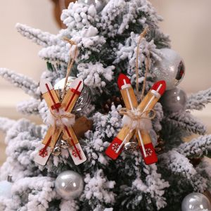 YERZ Wooden Christmas Tree Kids Gift Party Decor For Home Ornaments Wooden Sled Wooden Skiing Christmas Pendants Christmas Decoration