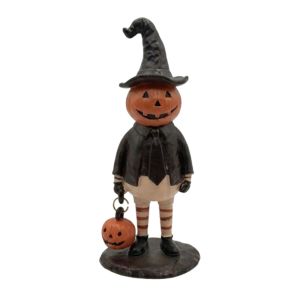 YOUSHI TOP Light Up Halloween Pumpkin Lantern Vintage Resin Pumpkin Man Tabletop Statue Table Display Hand‑Painted Pumpkin Witch Figurine Home Decor