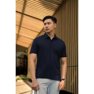 Fukuoka Kemeja Knit Lengan Pendek in Dark Navy – Kemeja Premium Pria Bahan Knit Biru Gelap - BYBLANK