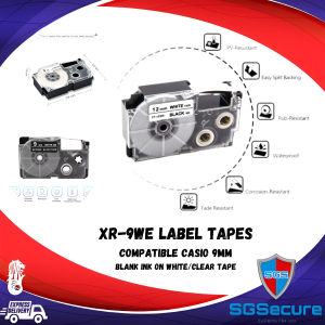 Casio EZ-Label Tapes 9mm XR-9WE: Black on White Labels for Compatible Casio Printers.