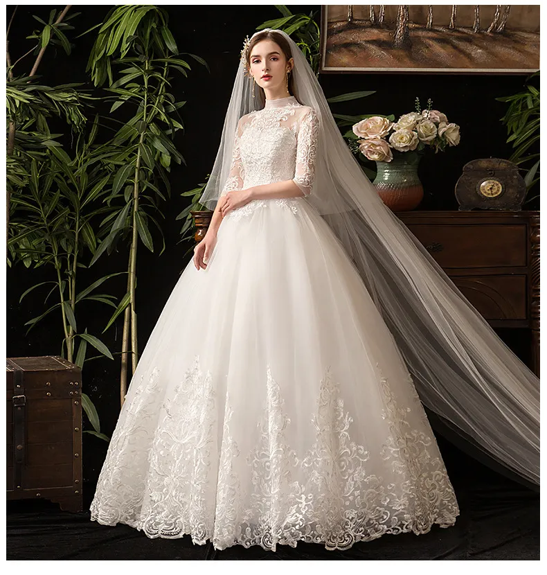 Elegant High Neck Wedding Dress Illusion Lace Half Sleeve Sweetheart  Wedding Gown