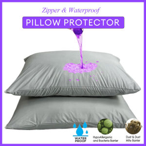 【NEW A 】2pcs Grey Waterproof Pillow Protector Bedbug Proof Zipper Pillow Cover 50x70cm Washable & Anti Mites