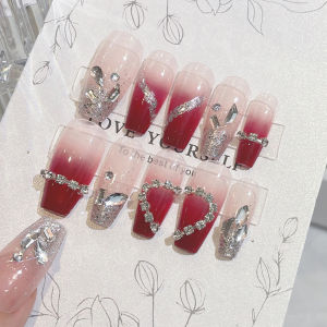 [Ready Stock]24pcs Fake Nails Shining Diamond Love Nail Art With Glue