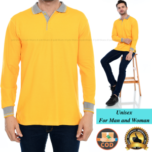 Kaos Polo Shirt Polos Lengan Panjang - Baju Atasan Lengan Panjang - Kaos kerah Polo Casual - Baju kerah Pria KUNING KENARI KERAH ABU