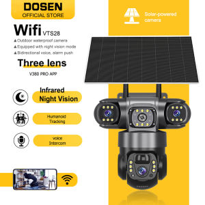 DOSEN VTS28 Solar IP66 Wireless Outdoor waterproofing Three lens Wifi CCTV Camera Built-in Battery 4G Sim Card Using V380 Pro App