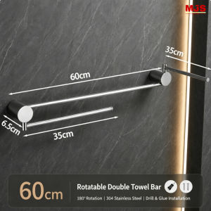 Swivel Towel Rack 180° Rotatable Double Bar Wall Mount Stainless Steel Bathroom Towel Holder Organizer