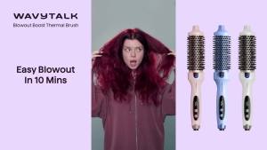 แปรงหวีร้อน Wavytalk Blowout Boost ขนาด 1.5 นิ้ว สำหรับลุคเป่าผม ด้วยเทคโนโลยีไอออนลบ เซรามิกทัวร์มาลีน 5 ระดับอุณหภูมิ แรงดันไฟฟ้าคู่ สีน้ำเงิน