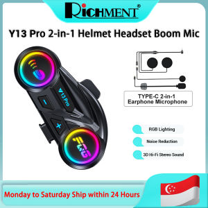 RICHMENT Y13 Pro Bluetooth Helmet Boom Mic 2-in-1 Headset Hi-Fi Stereo Fits Full-Face RGB Light IP56 Waterproof with Noise Reduction Long-Range Communication Modular Helmets
