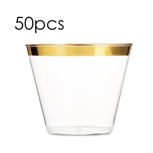 50pcs 9oz Disposable Cup Gold Rimmed Plastic Cup Thickened Aviation Cup For Wedding Birthday Party