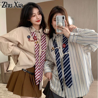 Zhu Xia striped shirt New college style loose student tie shirt bestie outfit