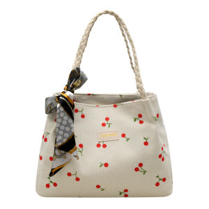 MOUSSON กระเป๋าถือสไตล์เชอร์รี่พิมพ์ลายขนาดใหญ่สำหรับใช้ในชีวิตประจำวัน