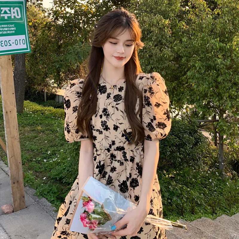 ⚜️SF Retro French Puff Sleeve Floral Dress Simple Gentle Maxi Dress