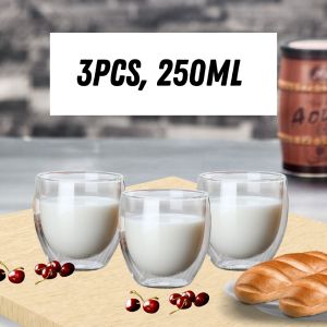 3-Piece Set Borosilicate Double Wall Glass Cups Heat Resistant Transparent Drinkware for Hot and Cold Beverages