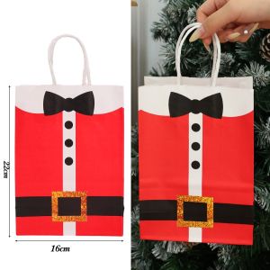 20pcs Christmas Kraft Paper Gift Bags with Handles / Santa Suit Print Gift Wrapping Bags / Xmas New Year Party Snack Candy Tote Bag
