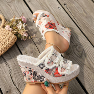 [Free Shipping] Trendy Denim Belt Buckle Slip-On Sandals For Women New Style Large Size Thick-Soled Open-Toe Sandals For Outdoor Wear