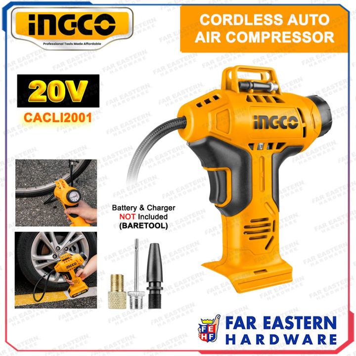 INGCO Cordless Auto Air Compressor Tire Inflator 20V w/ Pressure Gauge ...